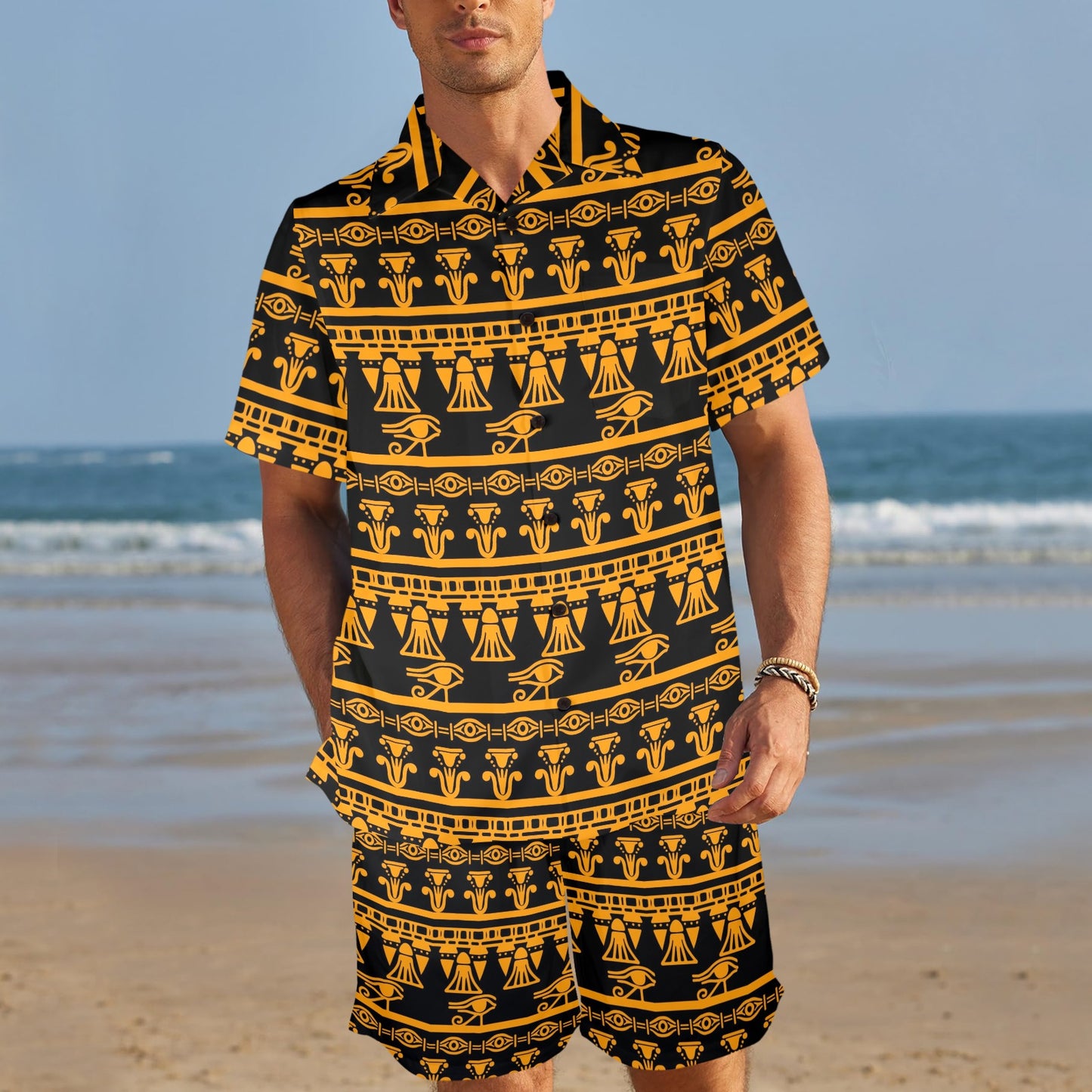 Eye of Horus Tribal Egypt Pattern Men's Beach Shirt and Shorts Set