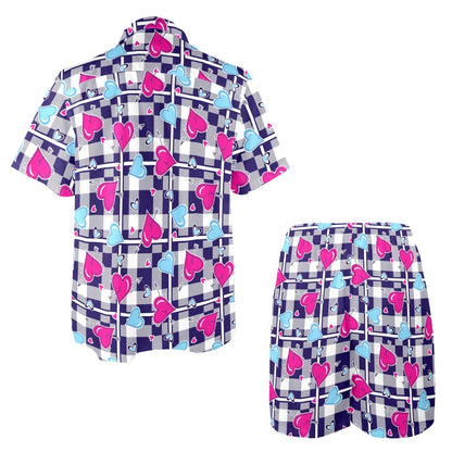 Heart Design Print Pattern JJ0335 Men's Beach Shirt and Shorts Set