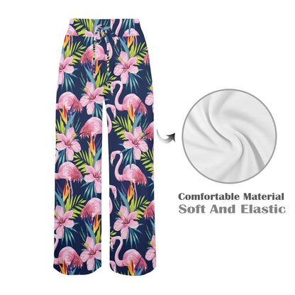 Flamingo Hibiscus Print Women's Wide Leg Lounge Pants