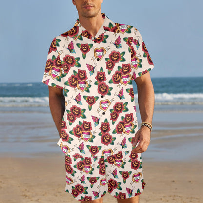 Old School Tattoo Rose Pattern Men's Beach Shirt and Shorts Set