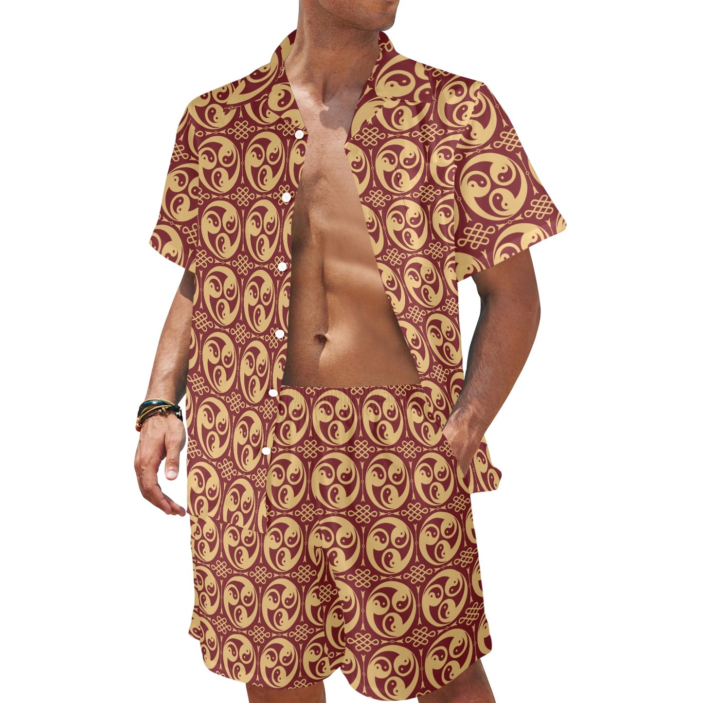 Yin Yang Style Pattern Design Print Men's Beach Shirt and Shorts Set