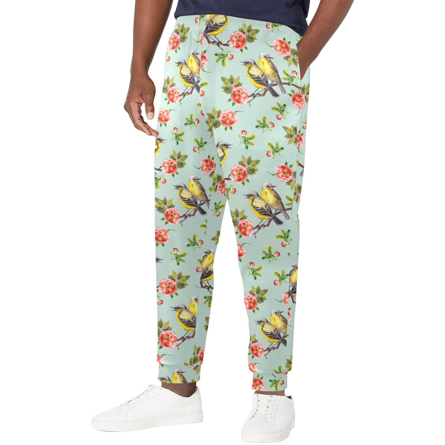 Bird with Red Flower Print Pattern Men's Casual Track Pants