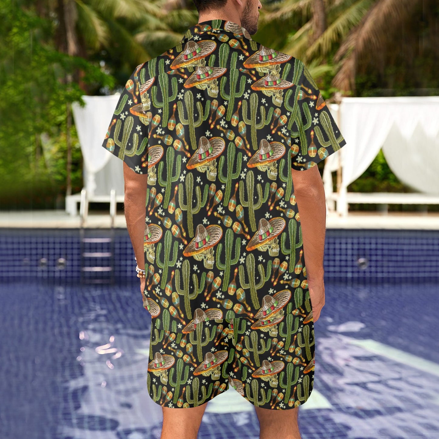 Western Style Print Men's Beach Shirt and Shorts Set