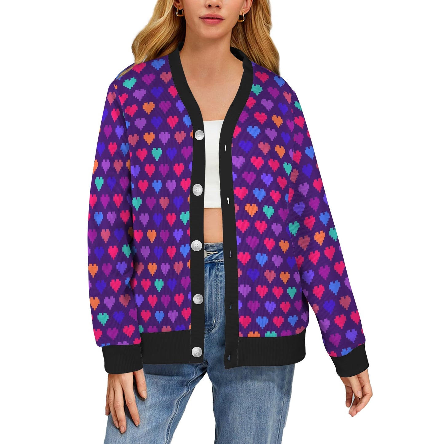 Heart Pixel Pattern Print Design HE03 Women's Cardigan