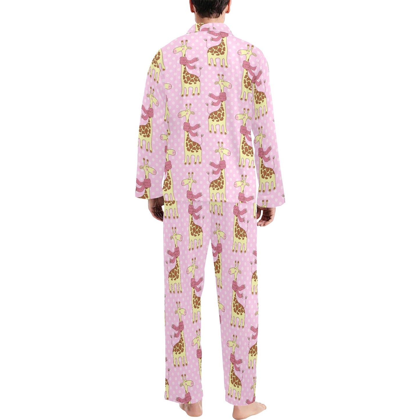 Giraffe Cute Pink Polka Dot Print Men's Long Pajama Set