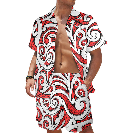Maori Polynesian Themed Design Print Men's Beach Shirt and Shorts Set