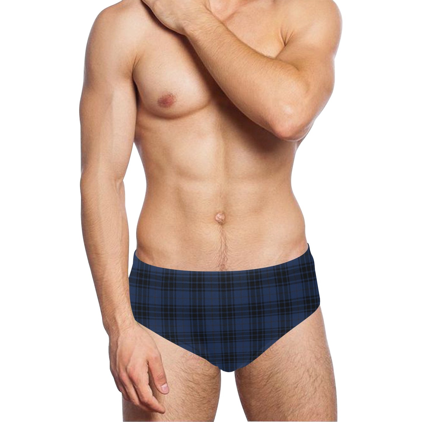 Navy Blue Tartan Plaid Pattern Men's Swimming Briefs