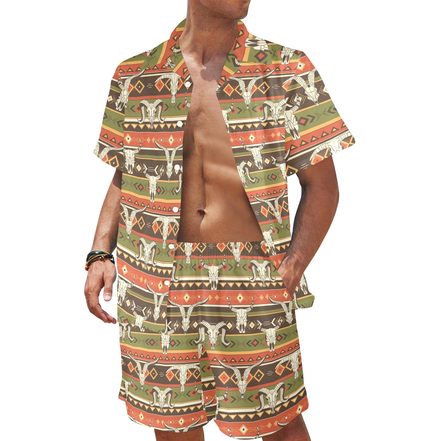 American indian Skull Animal Men's Beach Shirt and Shorts Set