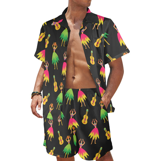 Hula Dancers Hawaiian Girl Pattern Print Design 03 Men's Beach Shirt and Shorts Set