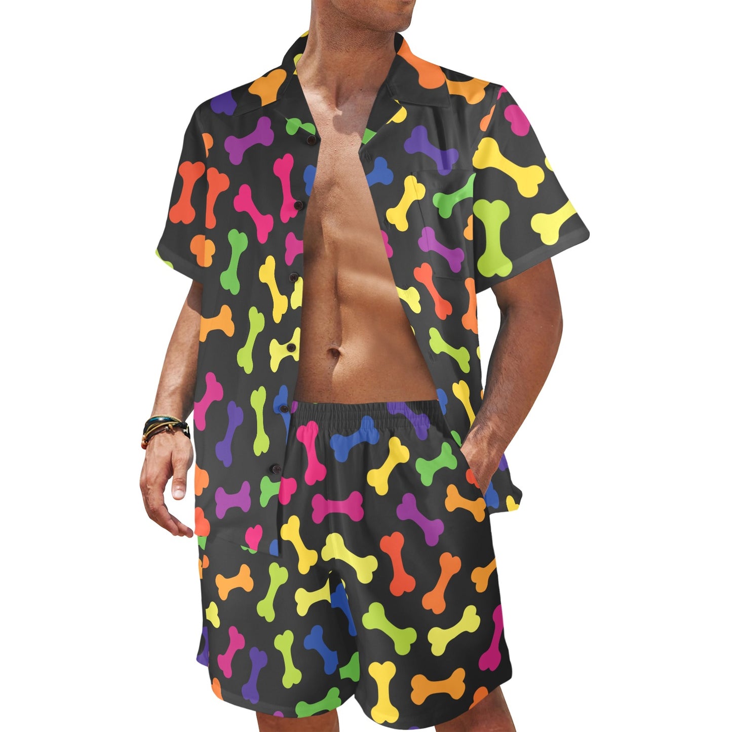Dog Bone Neon Color Pattern Print Design 02 Men's Beach Shirt and Shorts Set