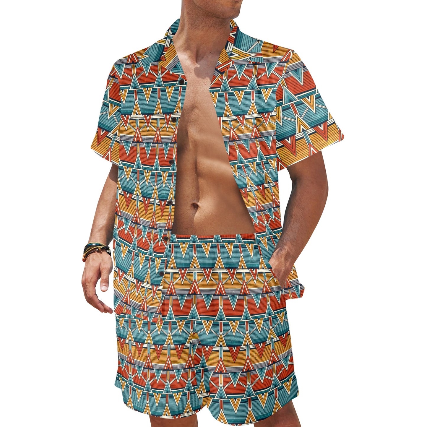 Kente Print African Design Themed Men's Beach Shirt and Shorts Set