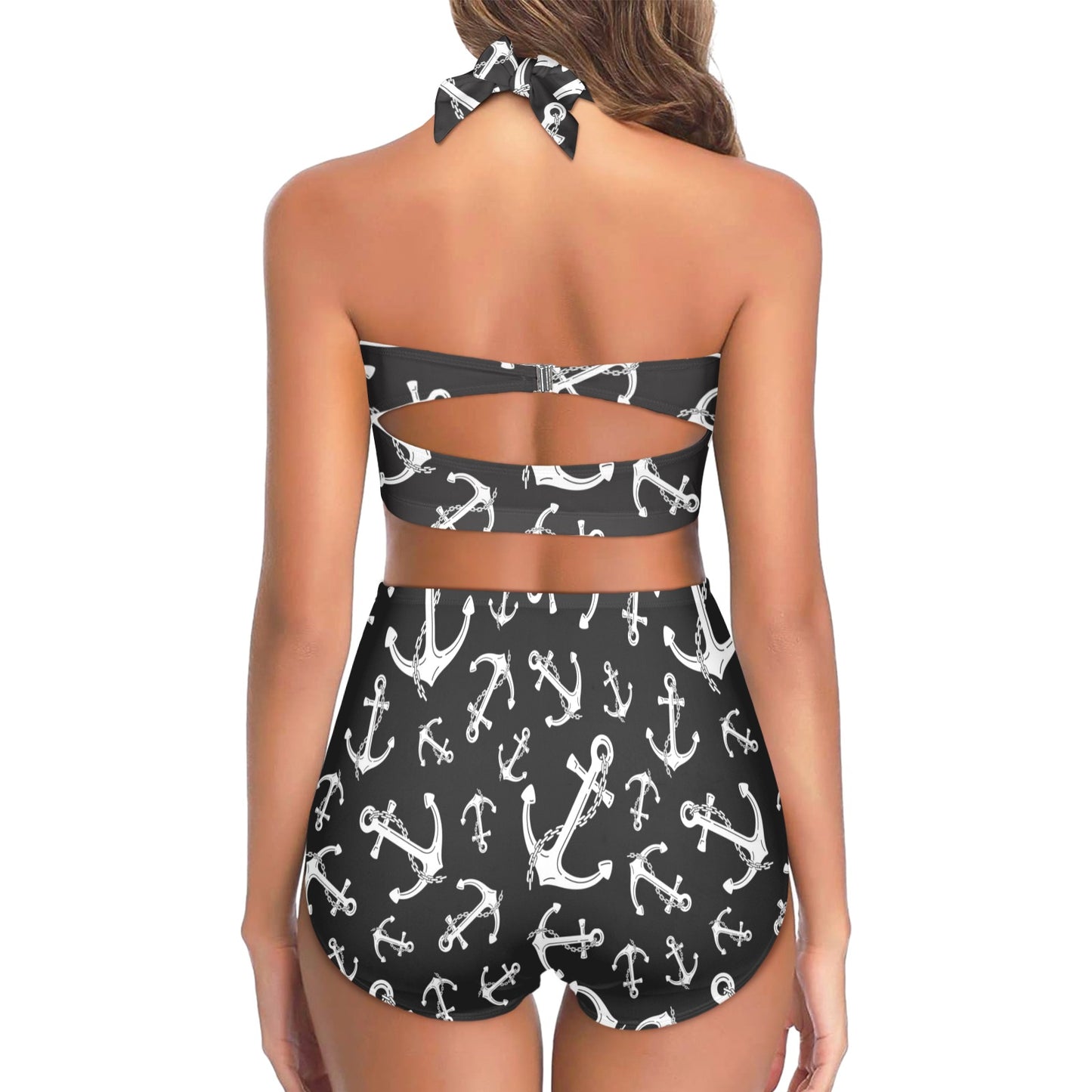 Anchor Black White Halter Neck Bikini Swimsuit