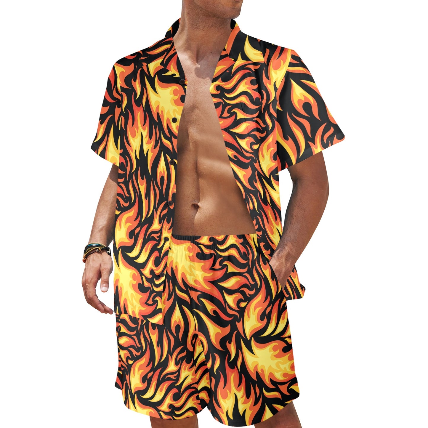 Flame Fire Design Pattern Men's Beach Shirt and Shorts Set