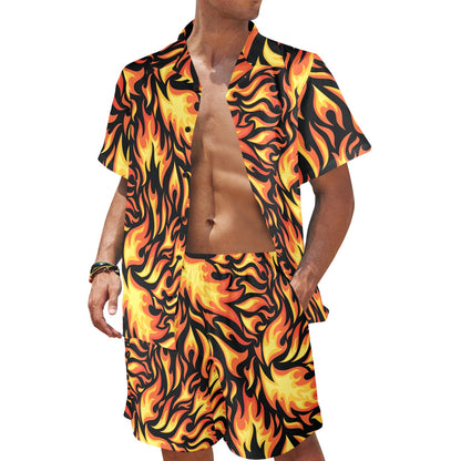 Flame Fire Design Pattern Men's Beach Shirt and Shorts Set