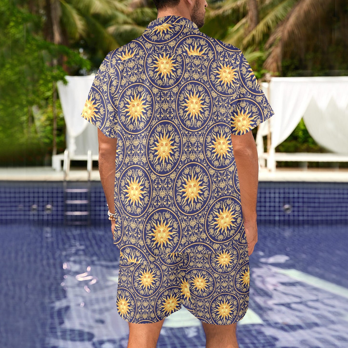 Celestial Gold Sun Face Men's Beach Shirt and Shorts Set