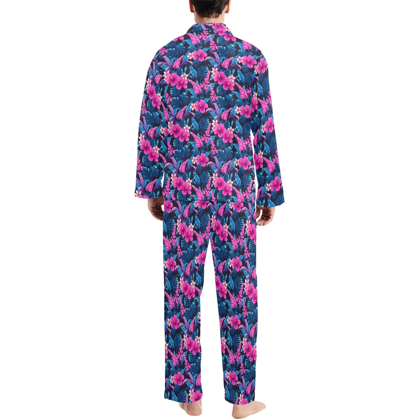 Tropical Folower Pink Themed Print Men's Long Pajama Set