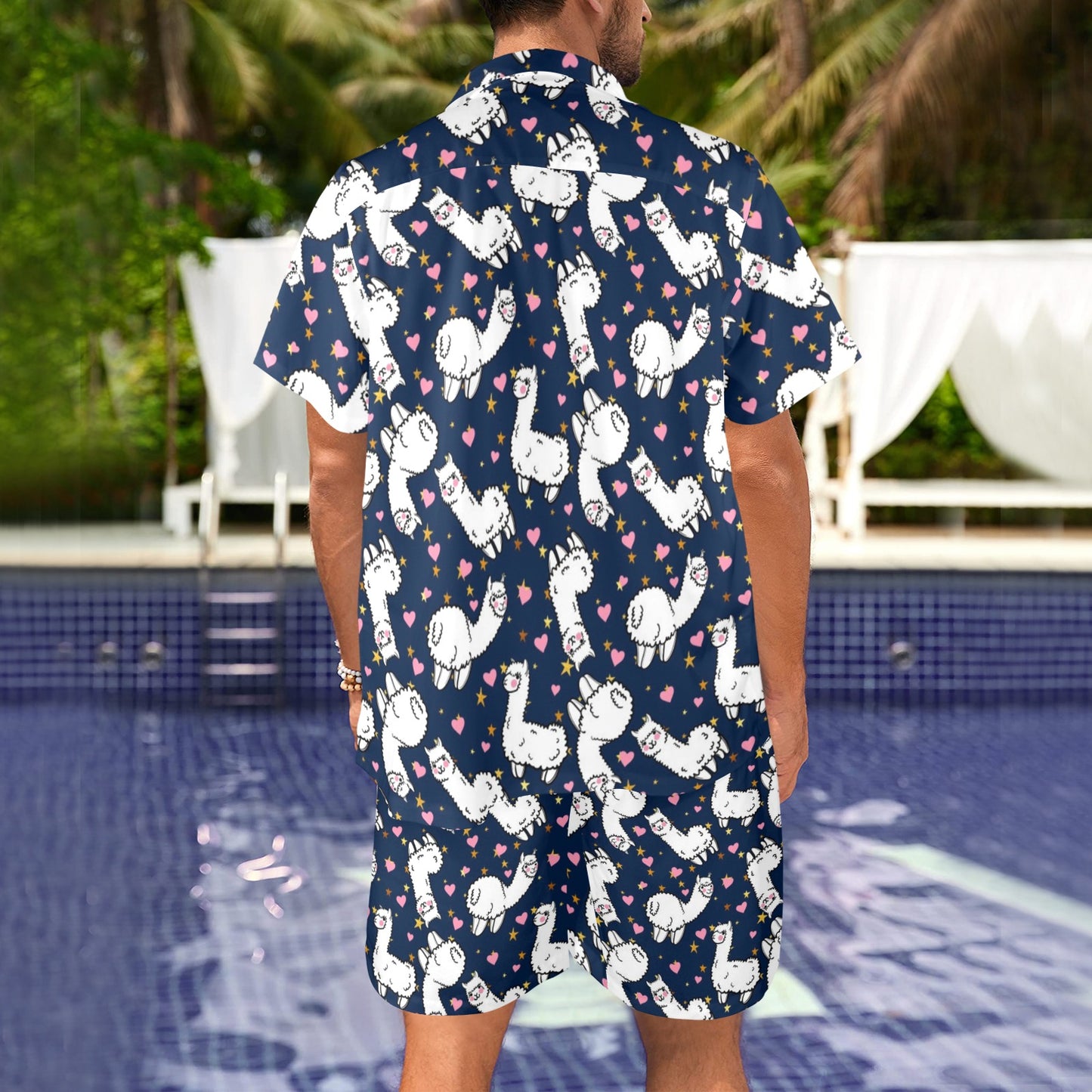 Alpaca Heart Star Design Themed Print Men's Beach Shirt and Shorts Set