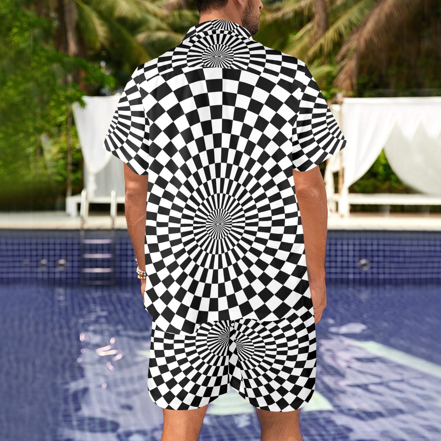 Checkered Flag Optical illusion Men's Beach Shirt and Shorts Set