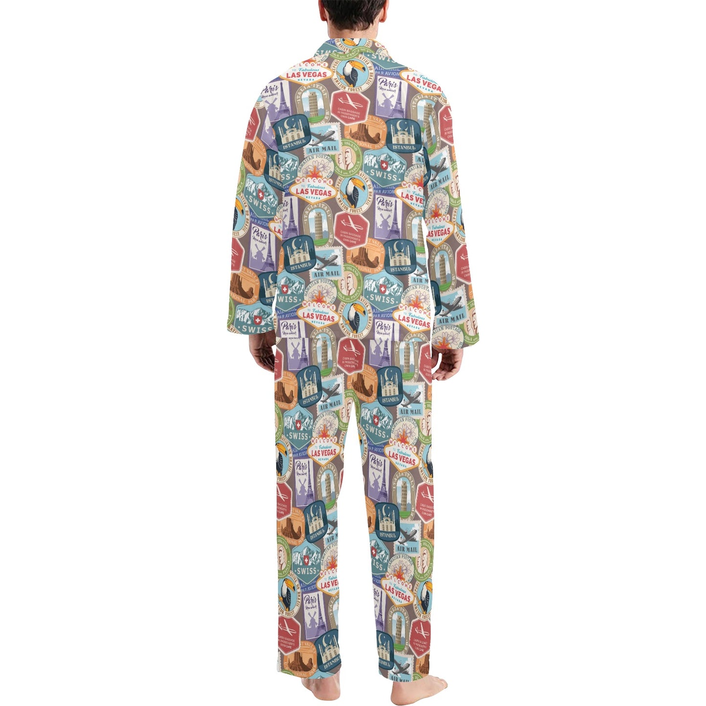 Travel Stamp Print Design LKS301 Men's Long Pajama Set