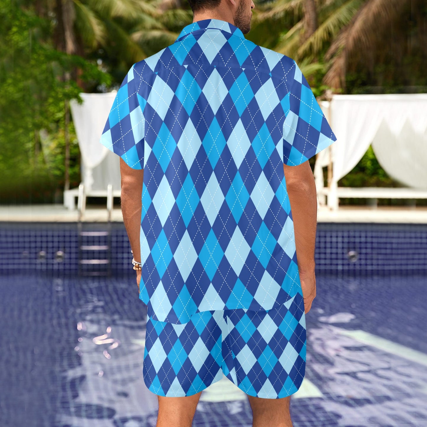 Argyle Blue Pattern Print Design 02 Men's Beach Shirt and Shorts Set