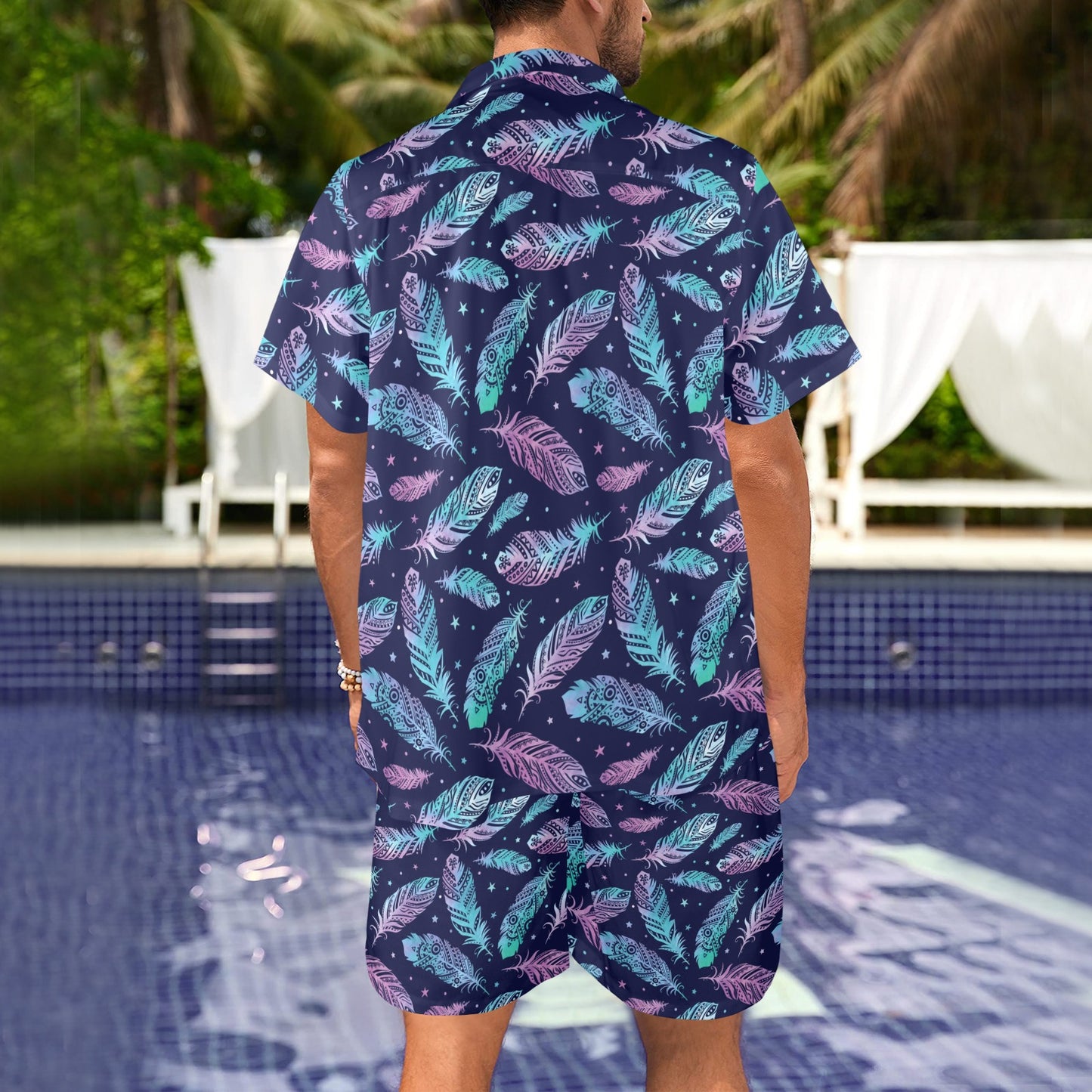 Feather Aztec Design Print Men's Beach Shirt and Shorts Set