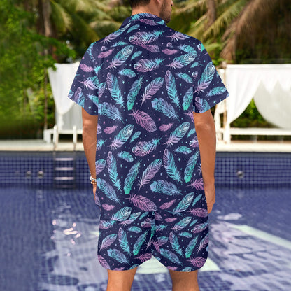 Feather Aztec Design Print Men's Beach Shirt and Shorts Set