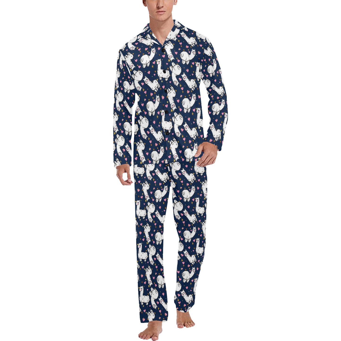Alpaca Heart Star Design Themed Print Men's Long Pajama Set