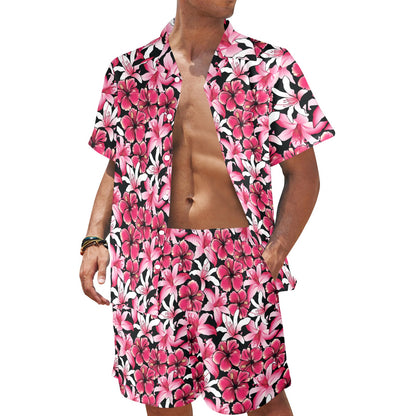 Flower Hawaiian Pink Red Hibiscus Print Men's Beach Shirt and Shorts Set