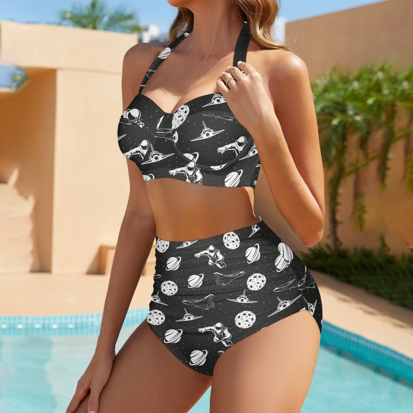 Space Astronauts Print Halter Neck Bikini Swimsuit