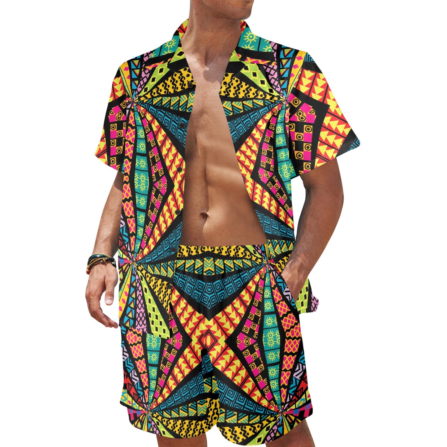 Kaleidoscope Pattern Print Design 05 Men's Beach Shirt and Shorts Set