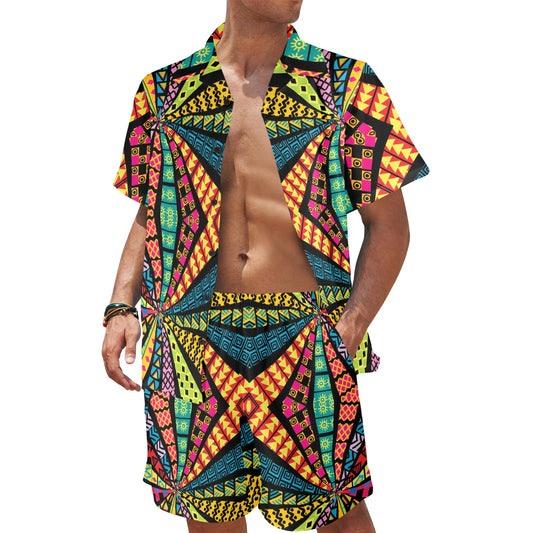 Kaleidoscope Pattern Print Design 05 Men's Beach Shirt and Shorts Set