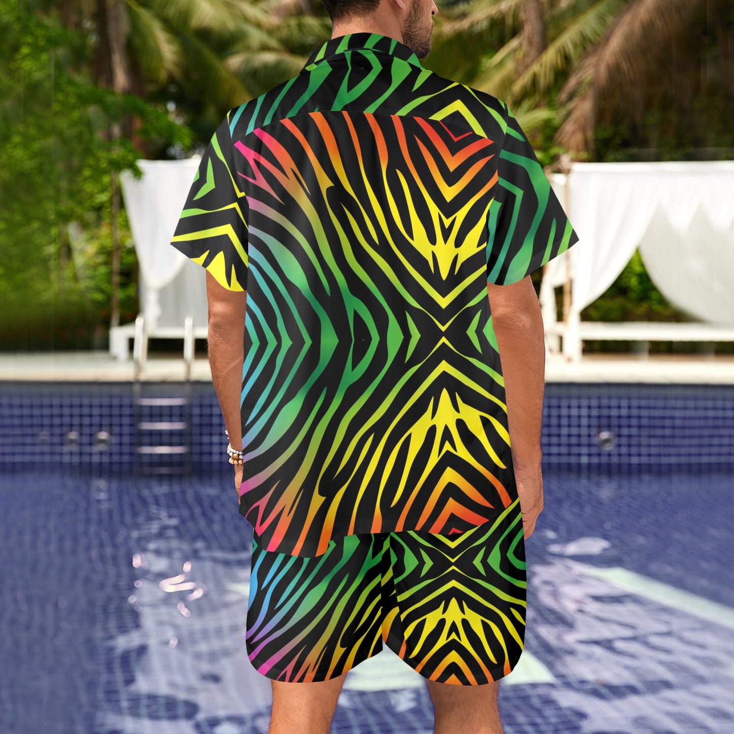 Rainbow Zebra Themed Print Men's Beach Shirt and Shorts Set