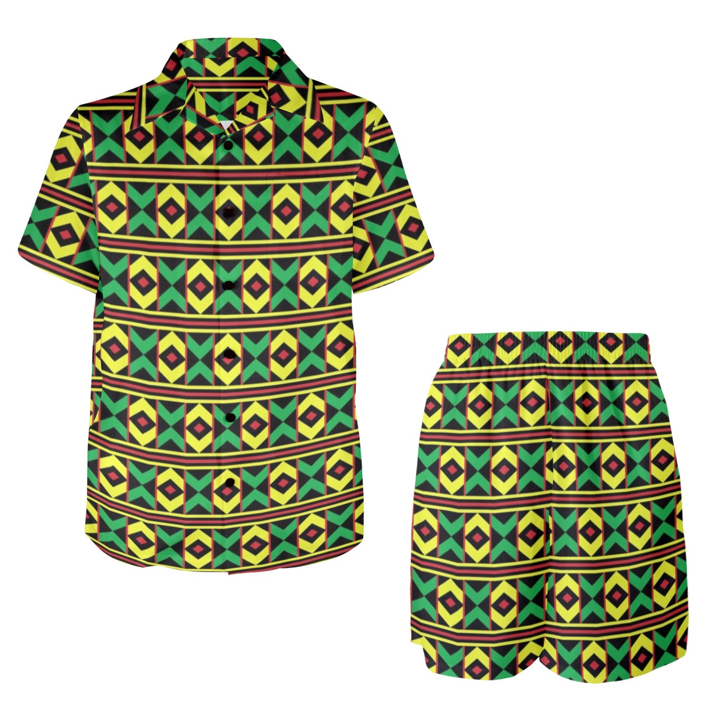 African Geometric Print Pattern Men's Beach Shirt and Shorts Set
