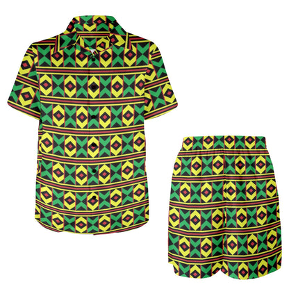 African Geometric Print Pattern Men's Beach Shirt and Shorts Set