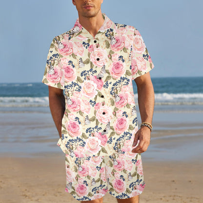 Floral Pink Butterfly Print Men's Beach Shirt and Shorts Set