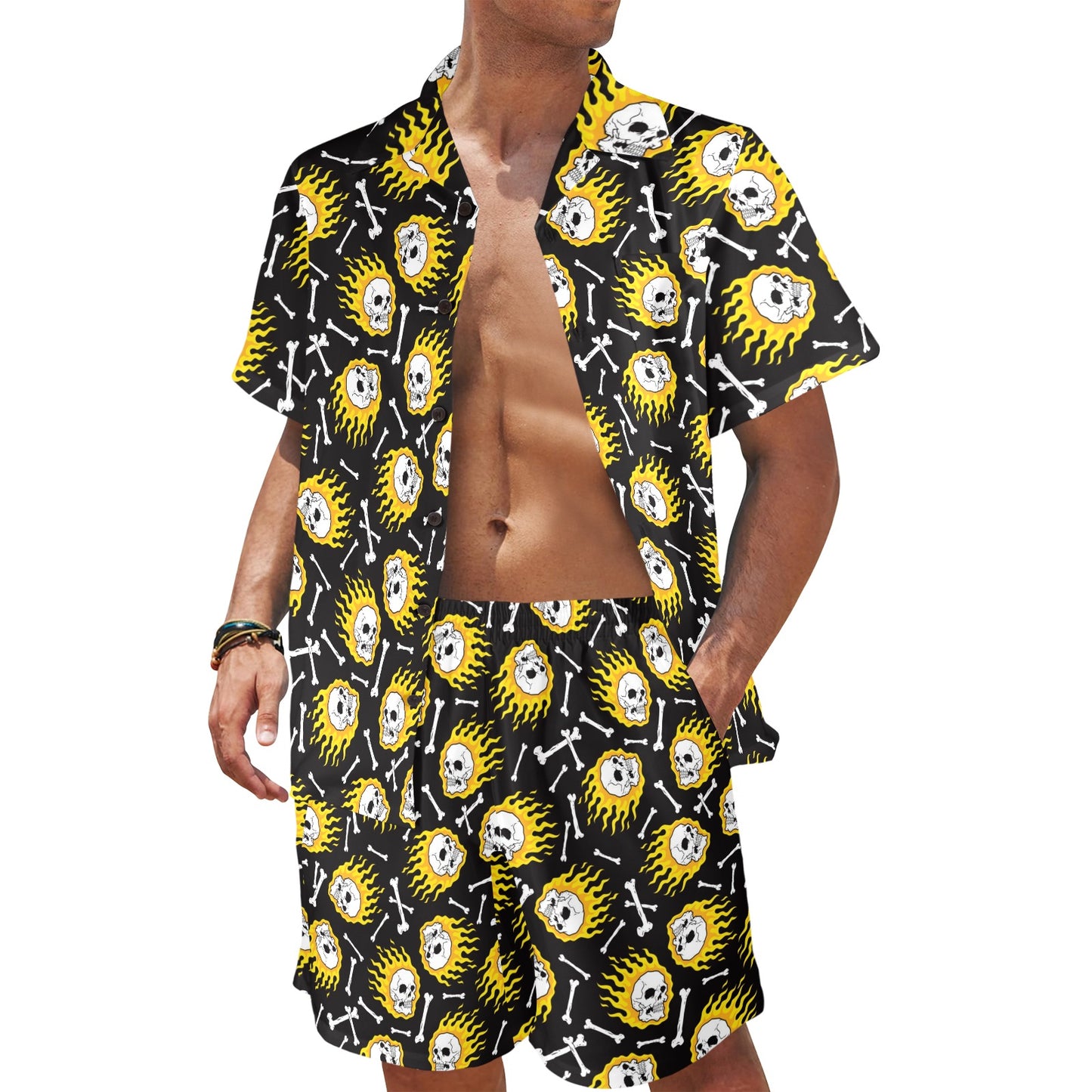 flaming skulls Design Print Pattern JJ0179 Men's Beach Shirt and Shorts Set