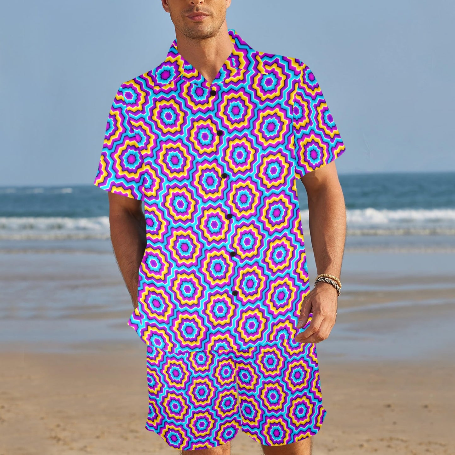 Optical illusion Techno Movement Men's Beach Shirt and Shorts Set