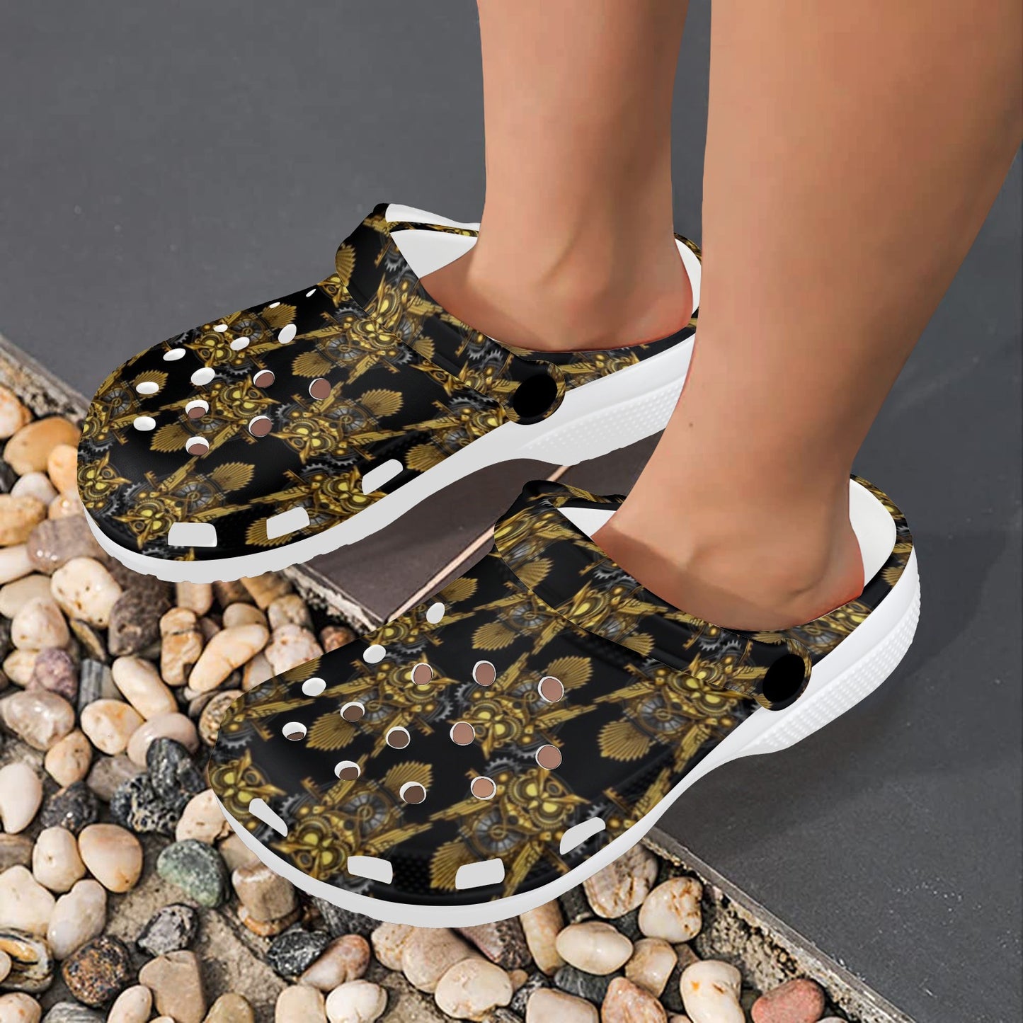 Steampunk Gold Owl Design Themed Print Unisex Clogs Shoes