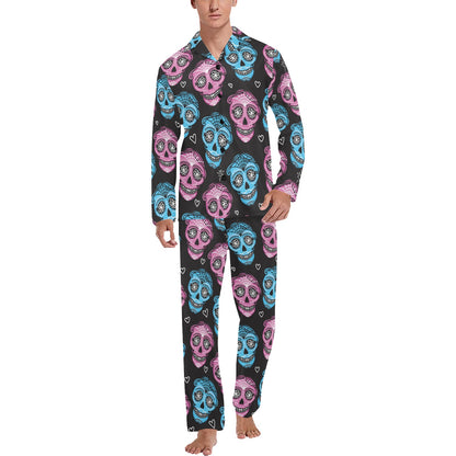 Day of the Dead Skull Print Pattern Men's Long Pajama Set