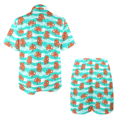 Octopus Cute Design Print Themed Men's Beach Shirt and Shorts Set