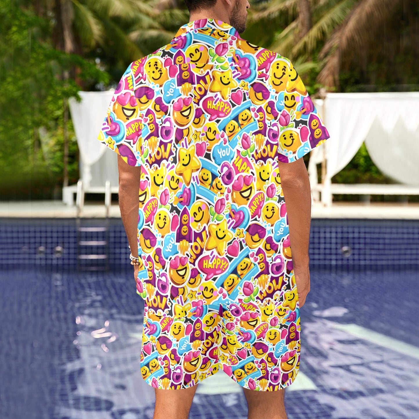 Emoji Sticker Print Pattern Men's Beach Shirt and Shorts Set