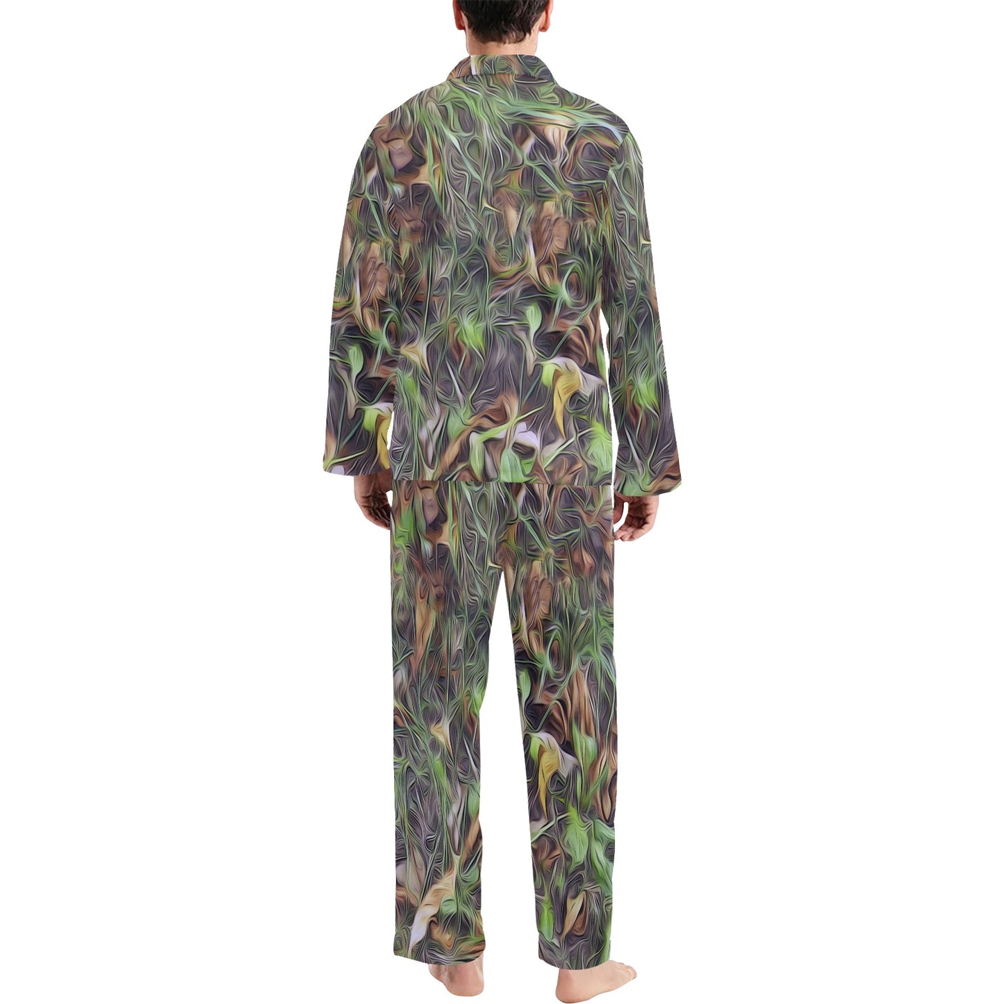 Camouflage Realistic Tree Print Men's Long Pajama Set