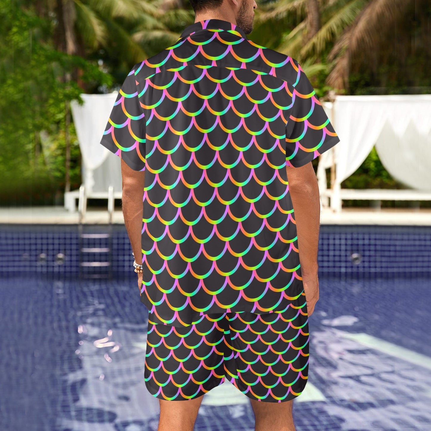 Mermaid Tail Rainbow Design Print Men's Beach Shirt and Shorts Set