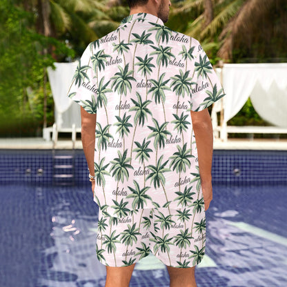 Aloha Beach Pattern Design Themed Print Men's Beach Shirt and Shorts Set