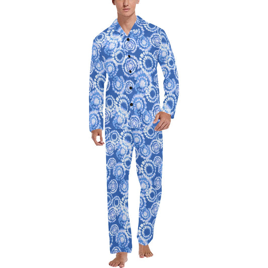 Tie Dye Blue Design Print Men's Long Pajama Set