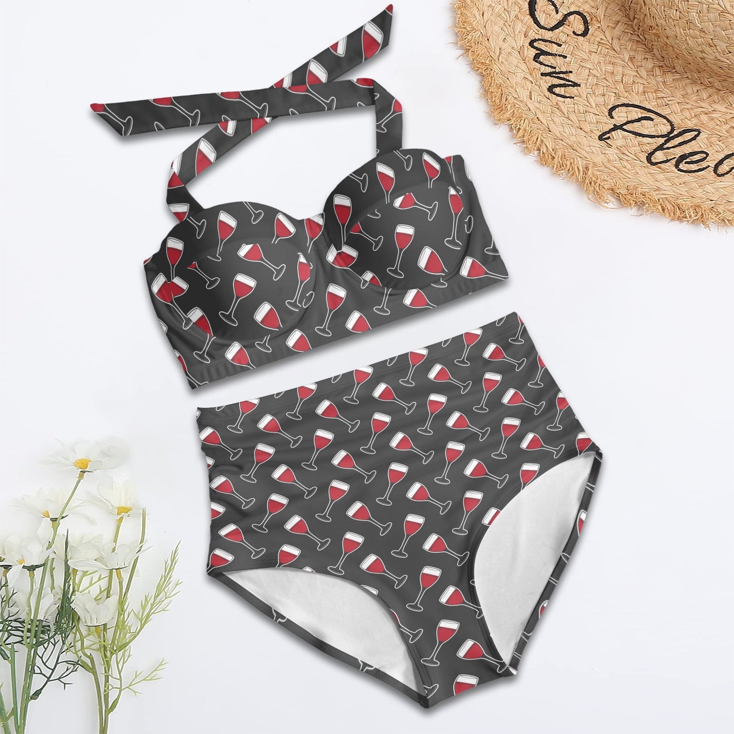 Wine Print Design LKS308 Halter Neck Bikini Swimsuit