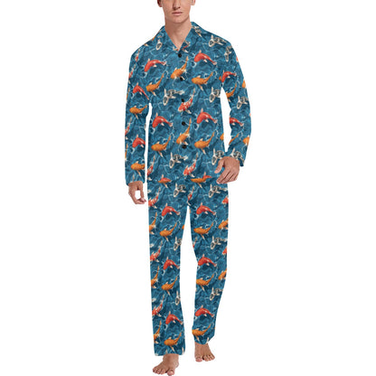 Koi Carp Water Design Themed Print Men's Long Pajama Set