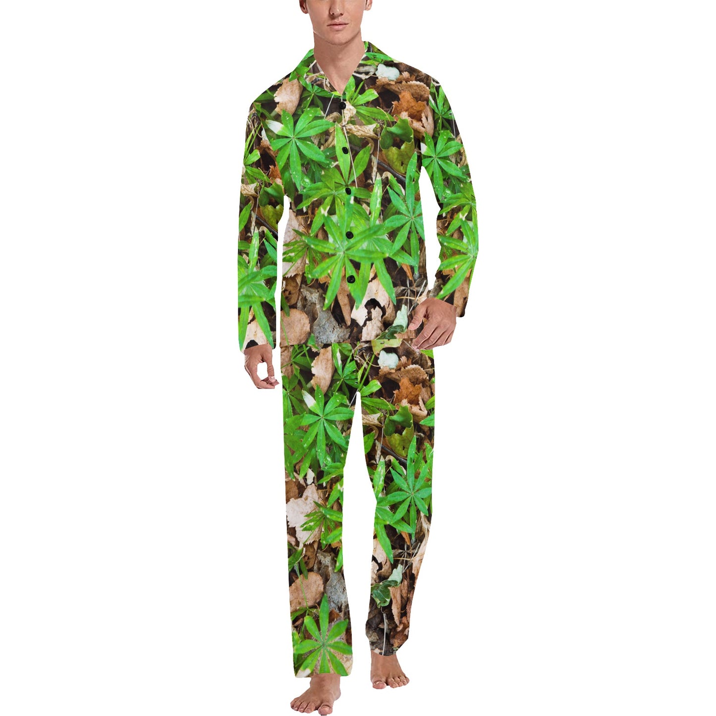 Camouflage Realistic Tree Fresh Print Men's Long Pajama Set