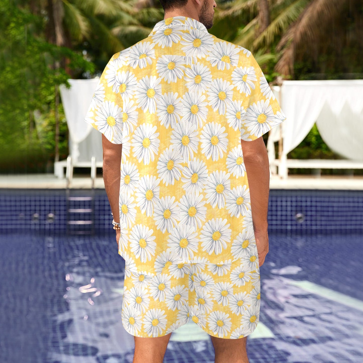 Daisy Yellow Watercolor Print Pattern Men's Beach Shirt and Shorts Set
