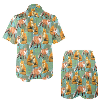 Fox Autumn leaves Themed Men's Beach Shirt and Shorts Set